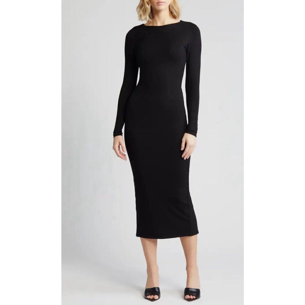 Naked Wardrobe Extra Butter Long Sleeve Midi‎ Dress Black XS Body Con New! $96